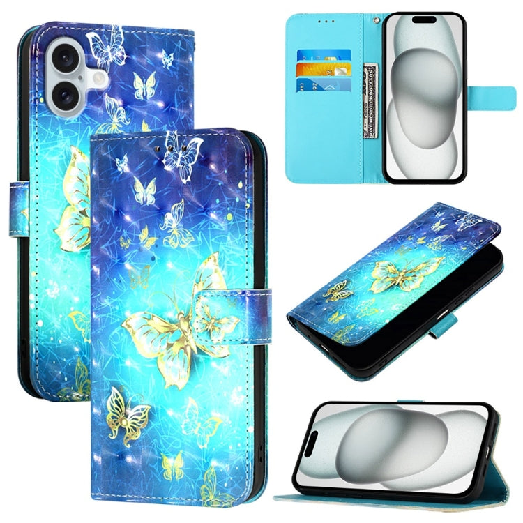 For iPhone 16 Plus 3D Painting Horizontal Flip Leather Phone Case(Golden Butterfly) - iPhone 16 Plus Cases by buy2fix | Online Shopping UK | buy2fix