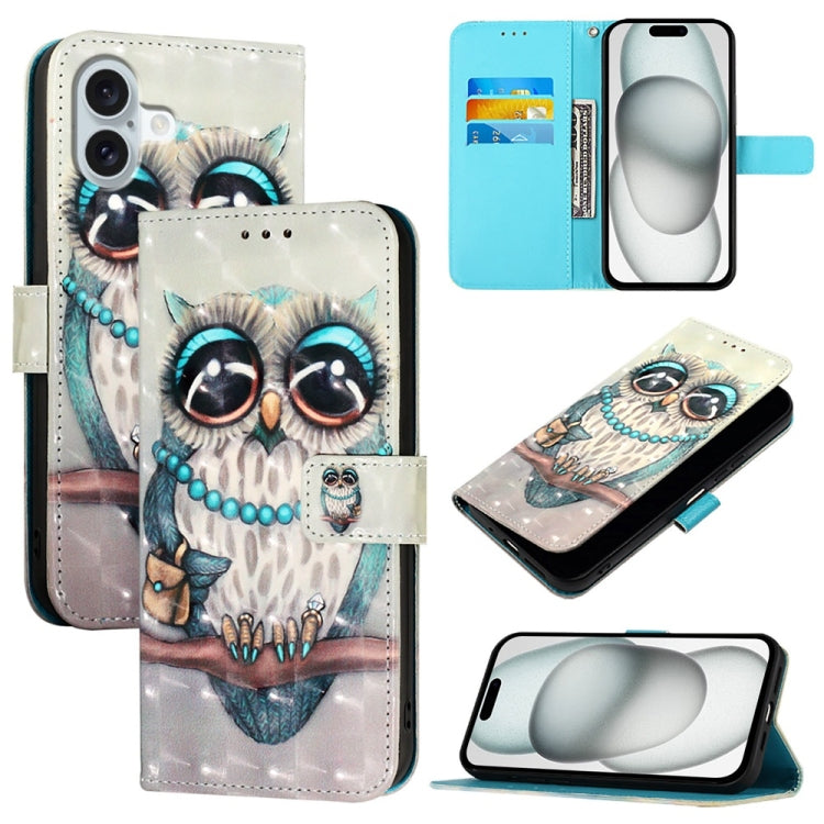 For iPhone 16 Plus 3D Painting Horizontal Flip Leather Phone Case(Grey Owl) - iPhone 16 Plus Cases by buy2fix | Online Shopping UK | buy2fix