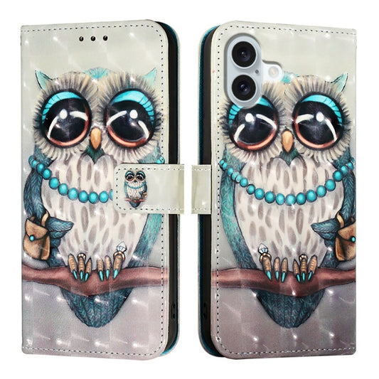 For iPhone 16 Plus 3D Painting Horizontal Flip Leather Phone Case(Grey Owl) by buy2fix