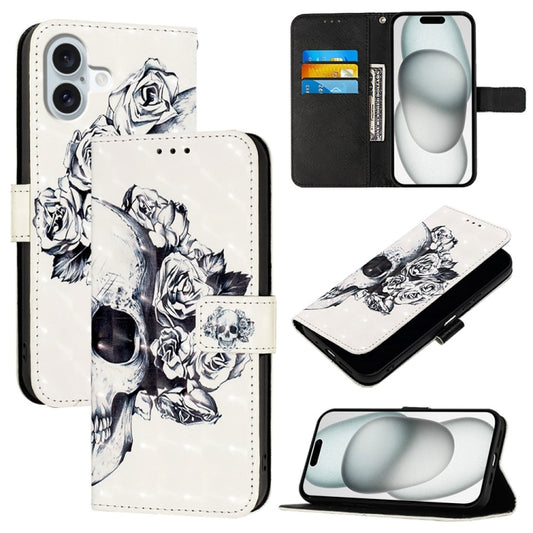 For iPhone 16 Plus 3D Painting Horizontal Flip Leather Phone Case(Skull) - iPhone 16 Plus Cases by buy2fix | Online Shopping UK | buy2fix