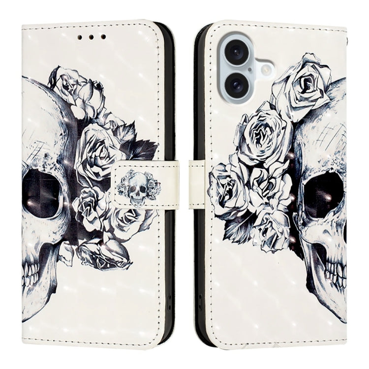 For iPhone 16 Plus 3D Painting Horizontal Flip Leather Phone Case(Skull) - iPhone 16 Plus Cases by buy2fix | Online Shopping UK | buy2fix