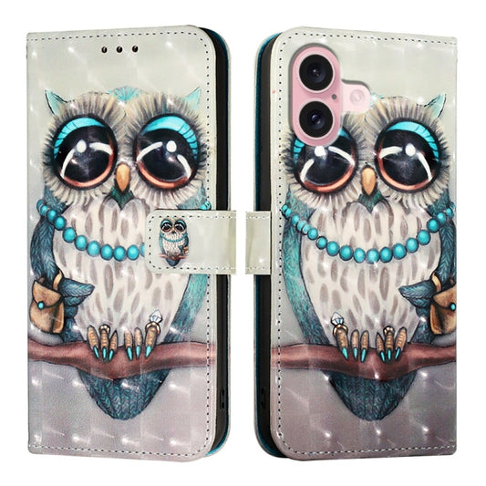 For iPhone 16 3D Painting Horizontal Flip Leather Phone Case(Grey Owl) by buy2fix