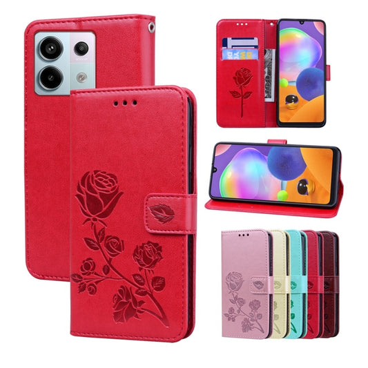 For Xiaomi Redmi Note 13 4G Rose Embossed Flip PU Leather Phone Case(Red) - Note 13 Cases by buy2fix | Online Shopping UK | buy2fix