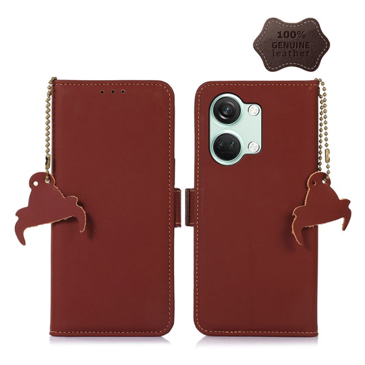 For OnePlus Nord 3 / Ace 2V Genuine Leather Magnetic RFID Leather Phone Case(Coffee) - OnePlus Cases by buy2fix | Online Shopping UK | buy2fix