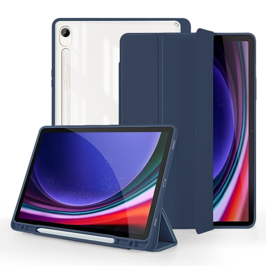 For Samsung Galaxy Tab S9 3-folding Acrylic Smart Leather Tablet Case(Dark Blue)