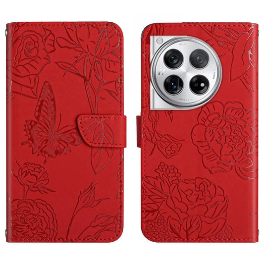For OnePlus 12 5G Global Skin Feel Butterfly Peony Embossed Leather Phone Case(Red) by buy2fix