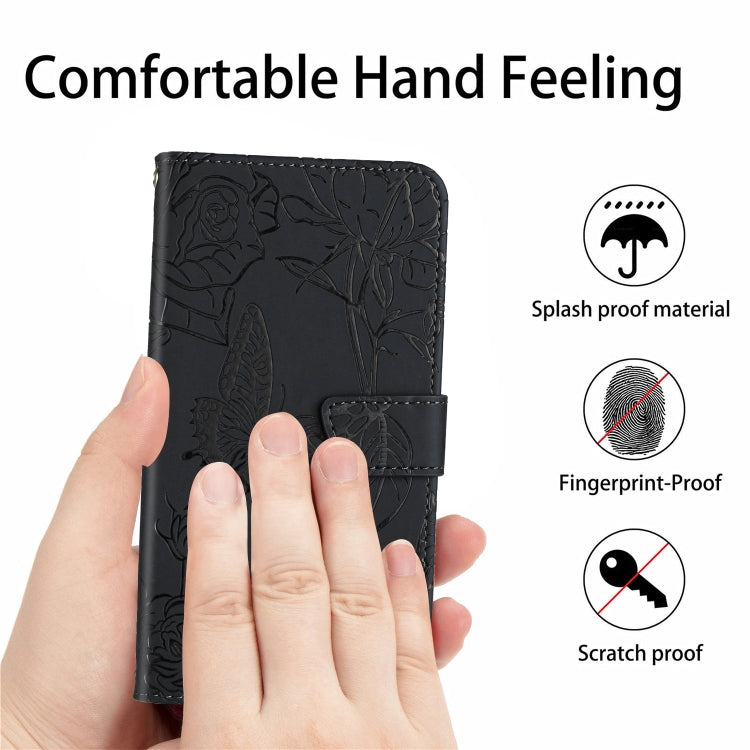 For OnePlus 12 5G Global Skin Feel Butterfly Peony Embossed Leather Phone Case(Black) - OnePlus Cases by buy2fix | Online Shopping UK | buy2fix