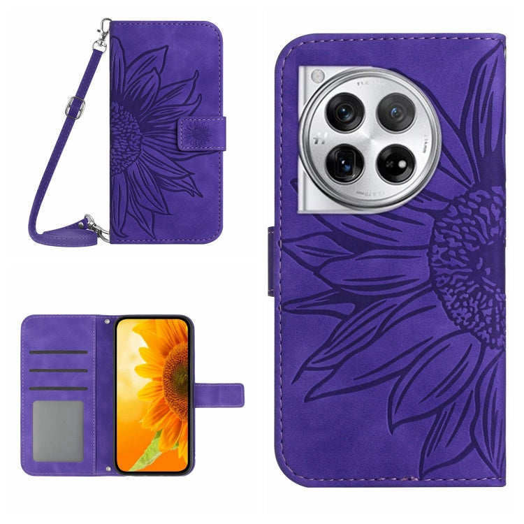 For OnePlus 12 5G Global Skin Feel Sun Flower Embossed Leather Phone Case with Lanyard(Dark Purple) by buy2fix