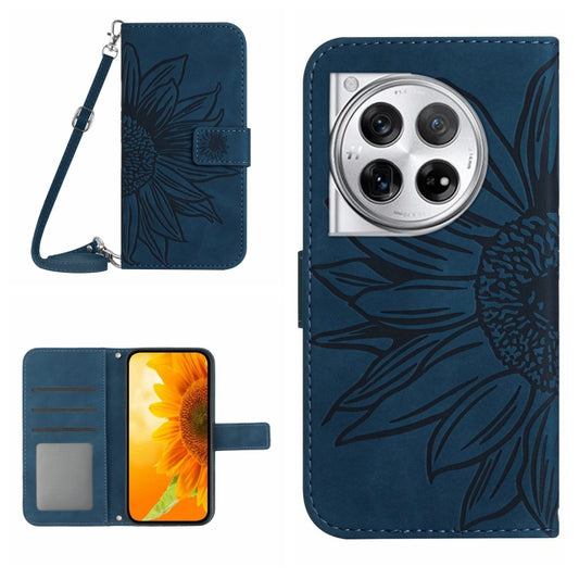 For OnePlus 12 5G Global Skin Feel Sun Flower Embossed Leather Phone Case with Lanyard(Inky Blue) by buy2fix