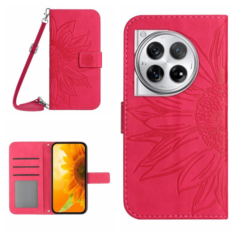 For OnePlus 12 5G Global Skin Feel Sun Flower Embossed Leather Phone Case with Lanyard(Rose Red) by buy2fix