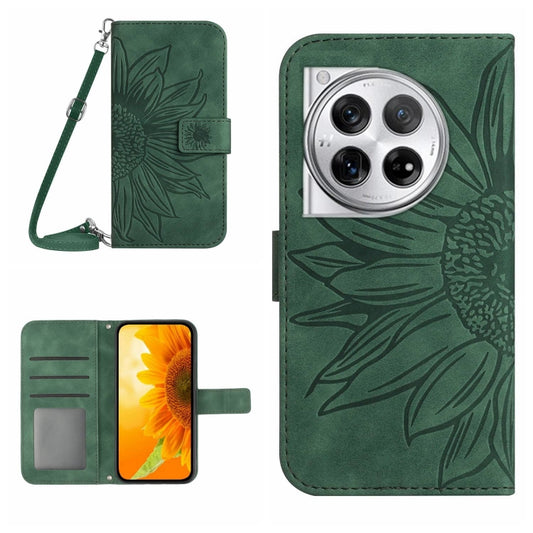 For OnePlus 12 5G Global Skin Feel Sun Flower Embossed Leather Phone Case with Lanyard(Green) by buy2fix