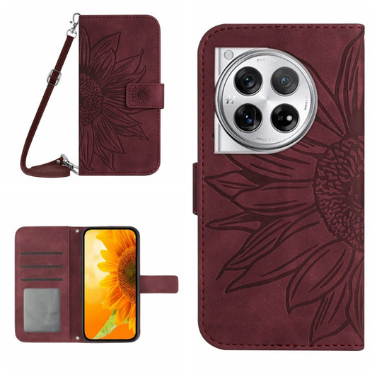 For OnePlus 12 5G Global Skin Feel Sun Flower Embossed Leather Phone Case with Lanyard(Wine Red) by buy2fix