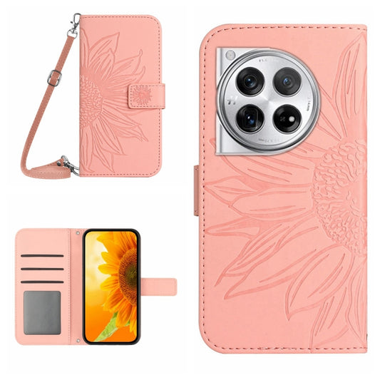 For OnePlus 12 5G Global Skin Feel Sun Flower Embossed Leather Phone Case with Lanyard(Pink) by buy2fix