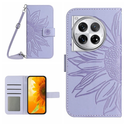 For OnePlus 12 5G Global Skin Feel Sun Flower Embossed Leather Phone Case with Lanyard(Purple) by buy2fix