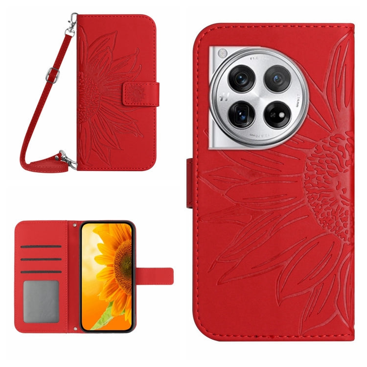 For OnePlus 12 5G Global Skin Feel Sun Flower Embossed Leather Phone Case with Lanyard(Red) by buy2fix