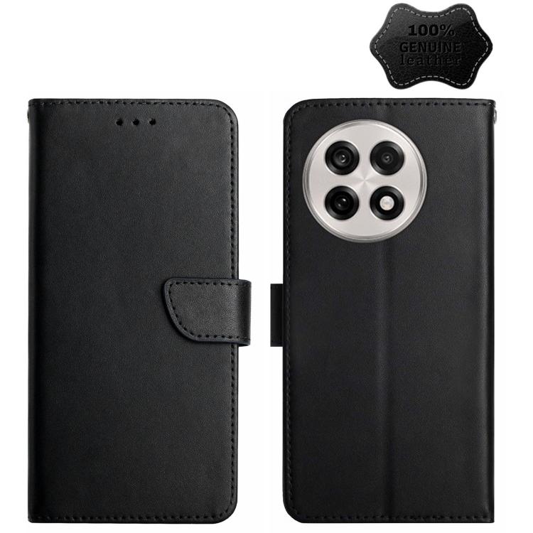 For OnePlus 13R Genuine Leather Fingerprint-proof Flip Phone Case(Black) - OnePlus Cases by buy2fix | Online Shopping UK | buy2fix