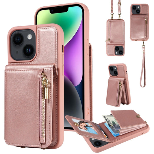 For iPhone 14 Crossbody Lanyard Zipper Wallet Leather Phone Case(Rose Gold) - iPhone 14 Cases by buy2fix | Online Shopping UK | buy2fix