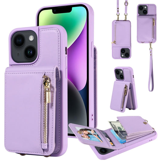 For iPhone 14 Crossbody Lanyard Zipper Wallet Leather Phone Case(Purple) - iPhone 14 Cases by buy2fix | Online Shopping UK | buy2fix