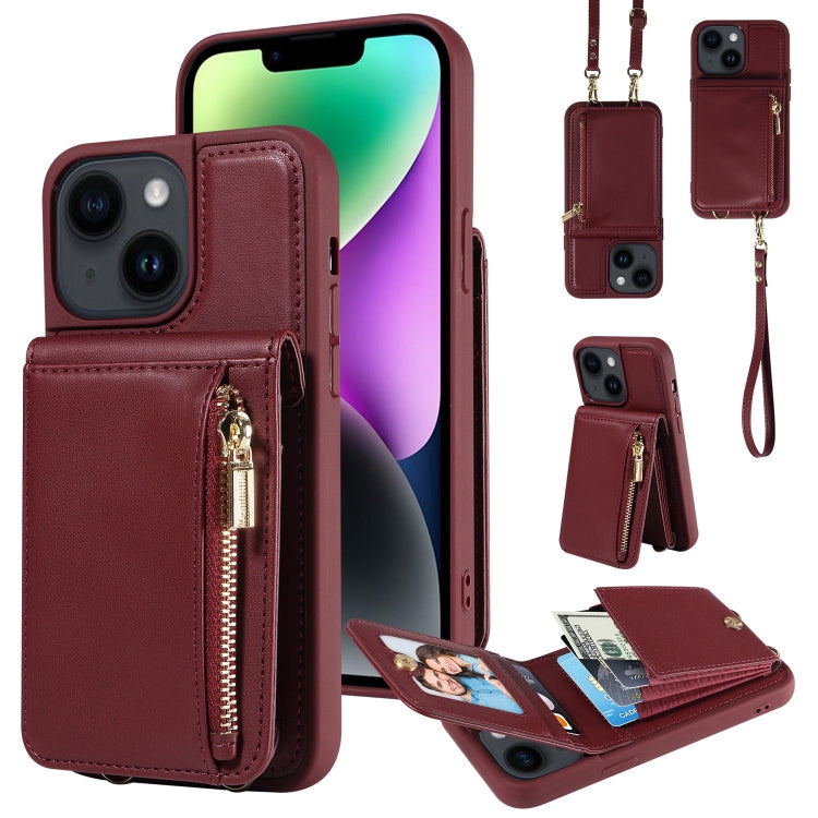 For iPhone 14 Plus Crossbody Lanyard Zipper Wallet Leather Phone Case(Wine Red) - iPhone 14 Plus Cases by buy2fix | Online Shopping UK | buy2fix