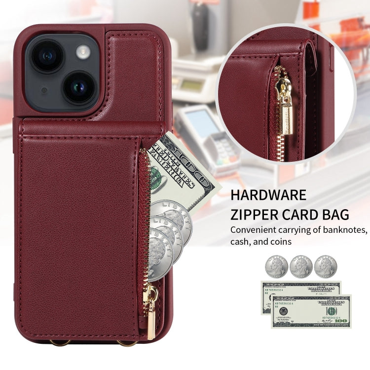 For iPhone 14 Plus Crossbody Lanyard Zipper Wallet Leather Phone Case(Wine Red) - iPhone 14 Plus Cases by buy2fix | Online Shopping UK | buy2fix