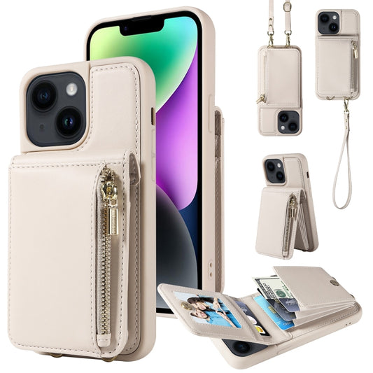 For iPhone 14 Plus Crossbody Lanyard Zipper Wallet Leather Phone Case(Beige) - iPhone 14 Plus Cases by buy2fix | Online Shopping UK | buy2fix