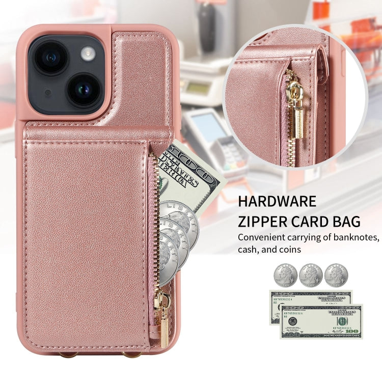 For iPhone 14 Plus Crossbody Lanyard Zipper Wallet Leather Phone Case(Rose Gold) - iPhone 14 Plus Cases by buy2fix | Online Shopping UK | buy2fix