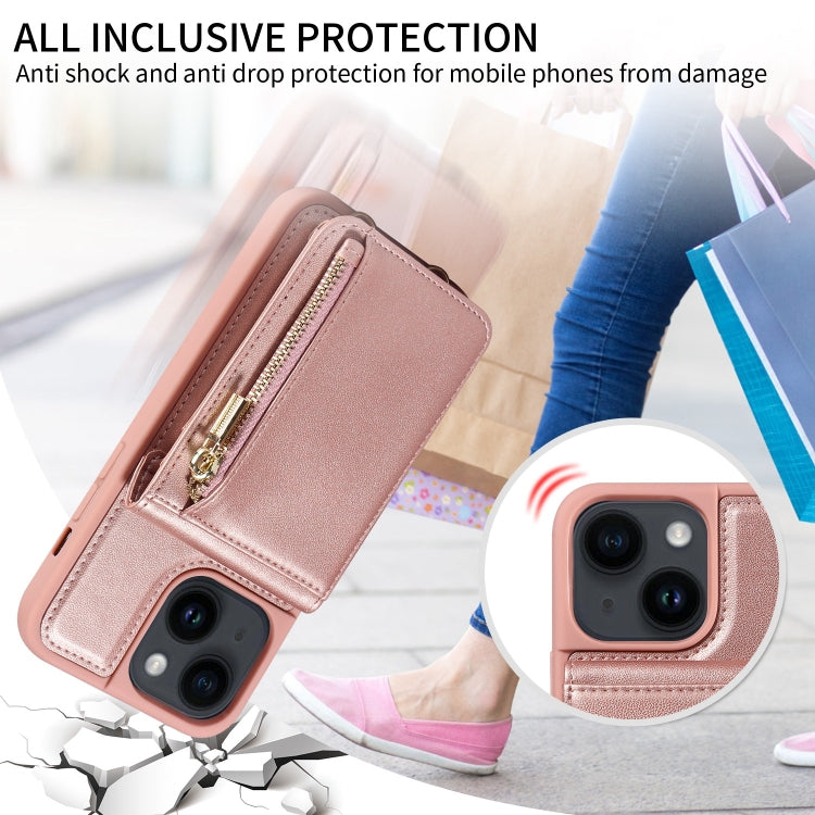 For iPhone 14 Plus Crossbody Lanyard Zipper Wallet Leather Phone Case(Rose Gold) - iPhone 14 Plus Cases by buy2fix | Online Shopping UK | buy2fix