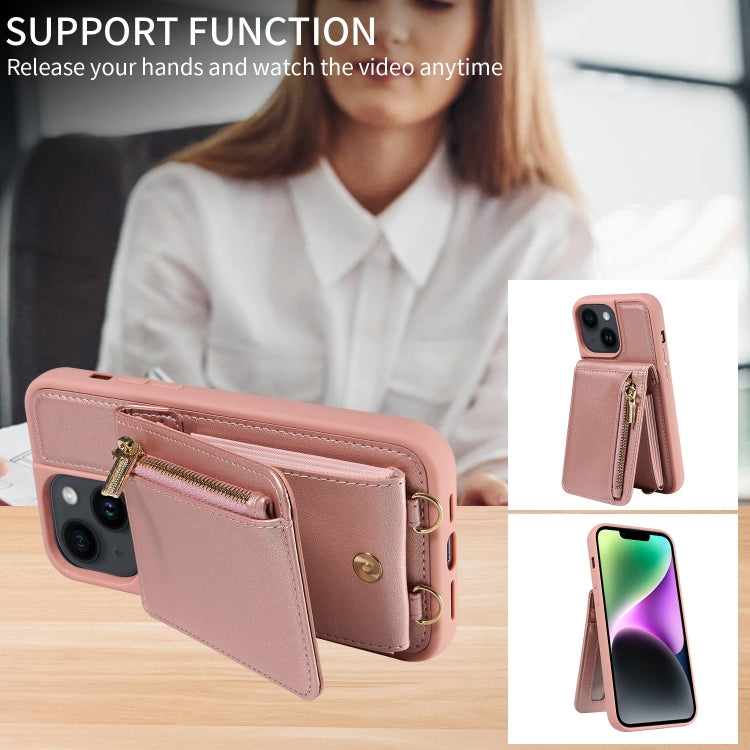 For iPhone 14 Plus Crossbody Lanyard Zipper Wallet Leather Phone Case(Rose Gold) - iPhone 14 Plus Cases by buy2fix | Online Shopping UK | buy2fix
