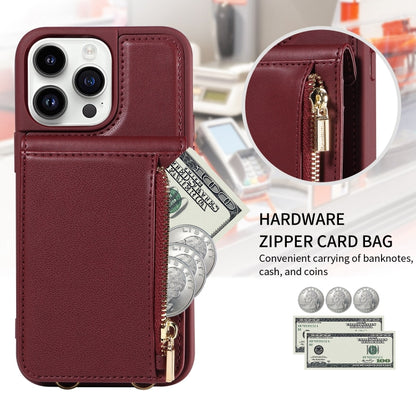 For iPhone 14 Pro Crossbody Lanyard Zipper Wallet Leather Phone Case(Wine Red) - iPhone 14 Pro Cases by buy2fix | Online Shopping UK | buy2fix