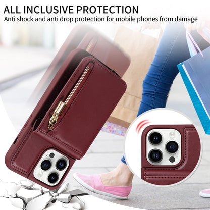 For iPhone 14 Pro Crossbody Lanyard Zipper Wallet Leather Phone Case(Wine Red) - iPhone 14 Pro Cases by buy2fix | Online Shopping UK | buy2fix