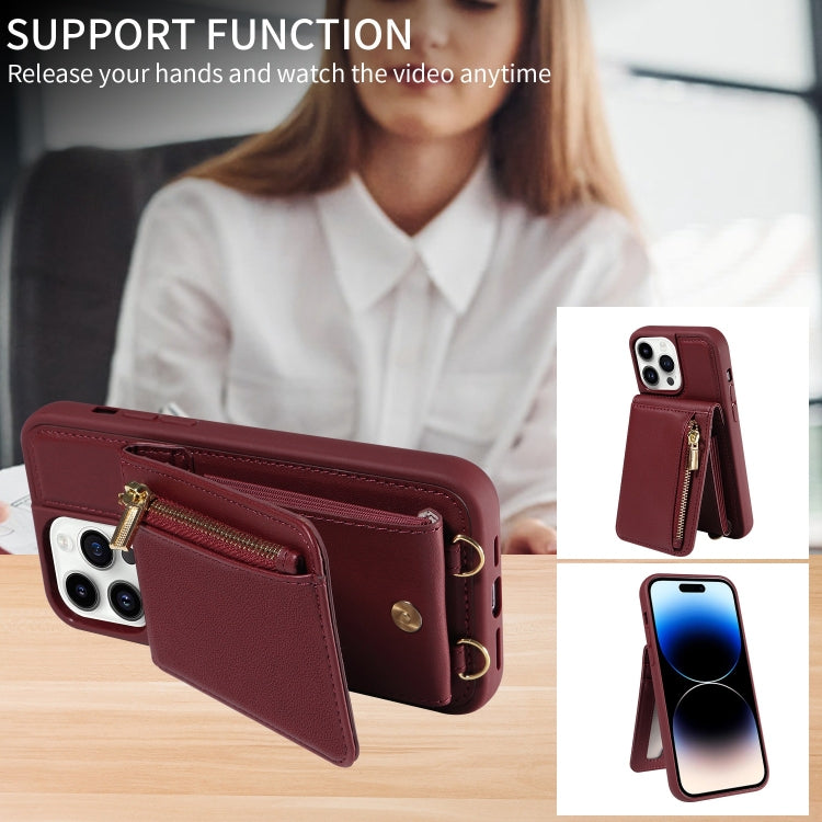 For iPhone 14 Pro Crossbody Lanyard Zipper Wallet Leather Phone Case(Wine Red) - iPhone 14 Pro Cases by buy2fix | Online Shopping UK | buy2fix