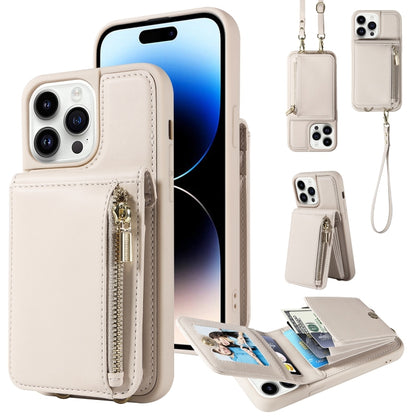For iPhone 14 Pro Crossbody Lanyard Zipper Wallet Leather Phone Case(Beige) - iPhone 14 Pro Cases by buy2fix | Online Shopping UK | buy2fix