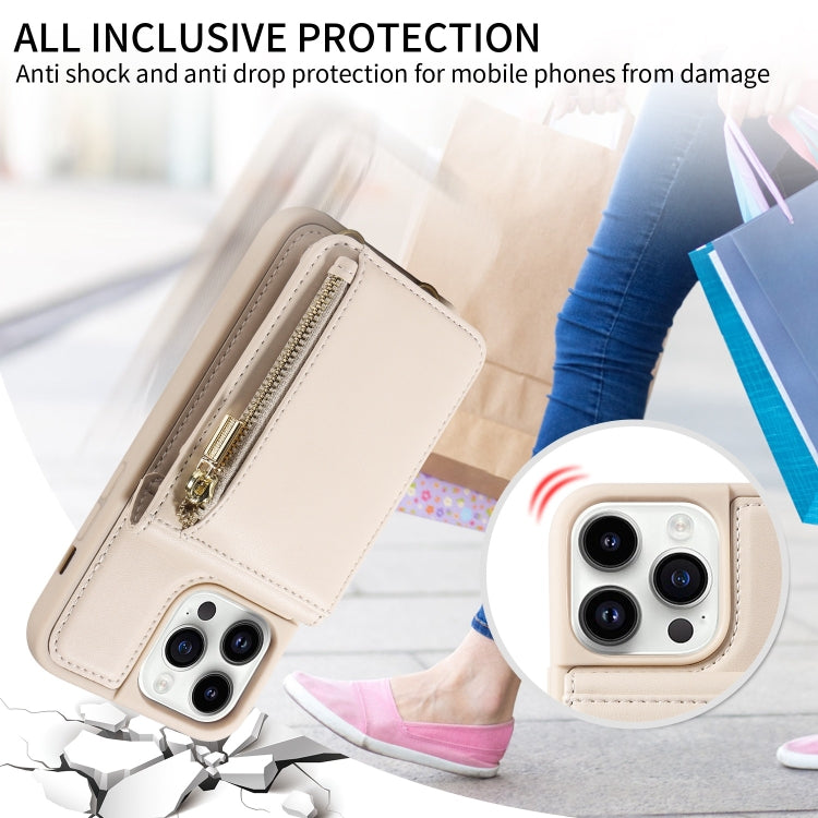 For iPhone 14 Pro Crossbody Lanyard Zipper Wallet Leather Phone Case(Beige) - iPhone 14 Pro Cases by buy2fix | Online Shopping UK | buy2fix