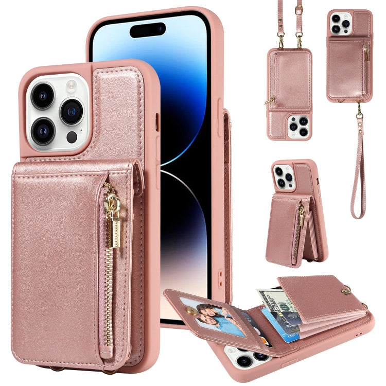 For iPhone 14 Pro Crossbody Lanyard Zipper Wallet Leather Phone Case(Rose Gold) - iPhone 14 Pro Cases by buy2fix | Online Shopping UK | buy2fix