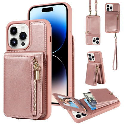 For iPhone 14 Pro Crossbody Lanyard Zipper Wallet Leather Phone Case(Rose Gold) - iPhone 14 Pro Cases by buy2fix | Online Shopping UK | buy2fix