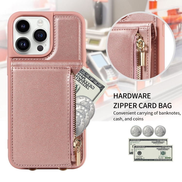 For iPhone 14 Pro Crossbody Lanyard Zipper Wallet Leather Phone Case(Rose Gold) - iPhone 14 Pro Cases by buy2fix | Online Shopping UK | buy2fix