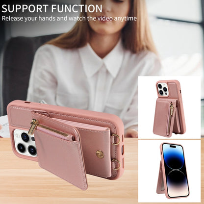 For iPhone 14 Pro Crossbody Lanyard Zipper Wallet Leather Phone Case(Rose Gold) - iPhone 14 Pro Cases by buy2fix | Online Shopping UK | buy2fix