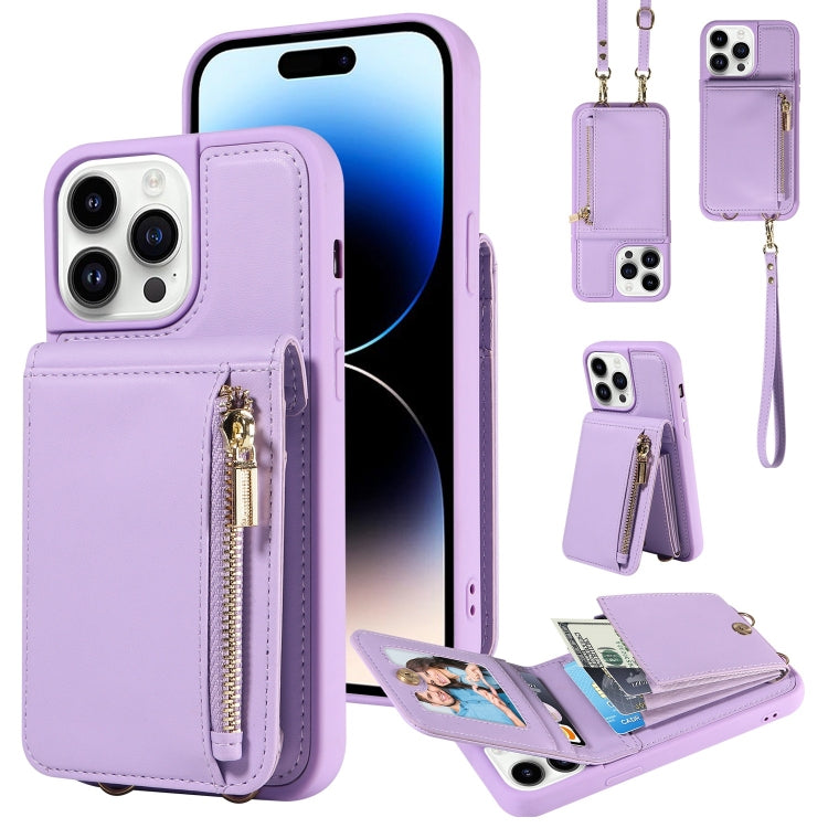 For iPhone 14 Pro Crossbody Lanyard Zipper Wallet Leather Phone Case(Purple) - iPhone 14 Pro Cases by buy2fix | Online Shopping UK | buy2fix