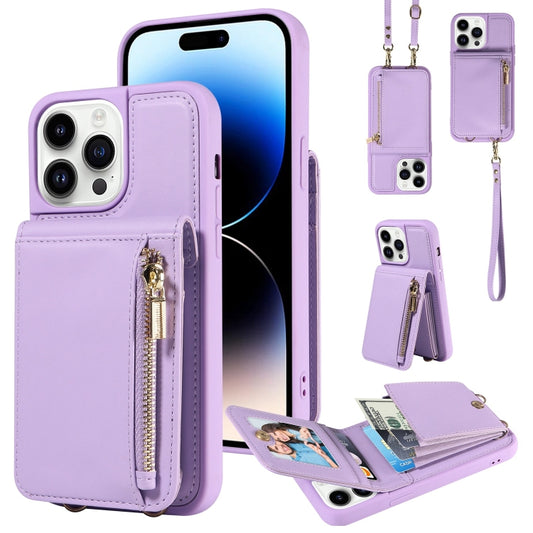 For iPhone 14 Pro Crossbody Lanyard Zipper Wallet Leather Phone Case(Purple) - iPhone 14 Pro Cases by buy2fix | Online Shopping UK | buy2fix