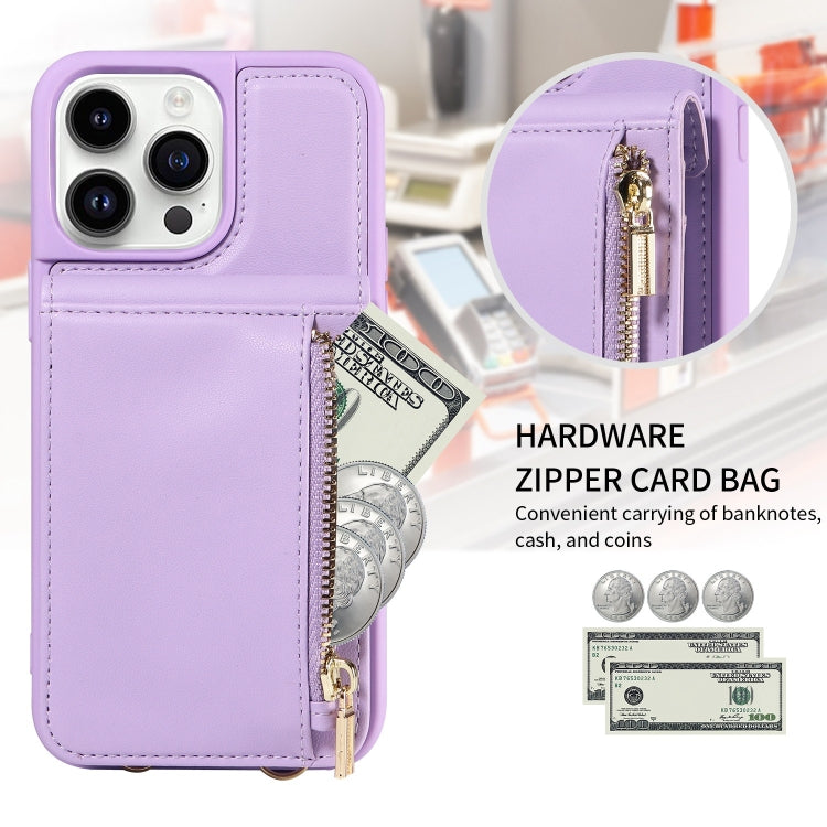 For iPhone 14 Pro Crossbody Lanyard Zipper Wallet Leather Phone Case(Purple) - iPhone 14 Pro Cases by buy2fix | Online Shopping UK | buy2fix