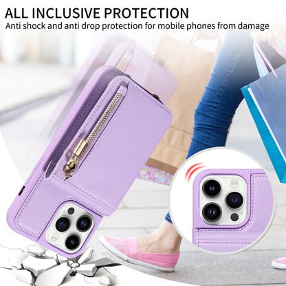 For iPhone 14 Pro Crossbody Lanyard Zipper Wallet Leather Phone Case(Purple) - iPhone 14 Pro Cases by buy2fix | Online Shopping UK | buy2fix