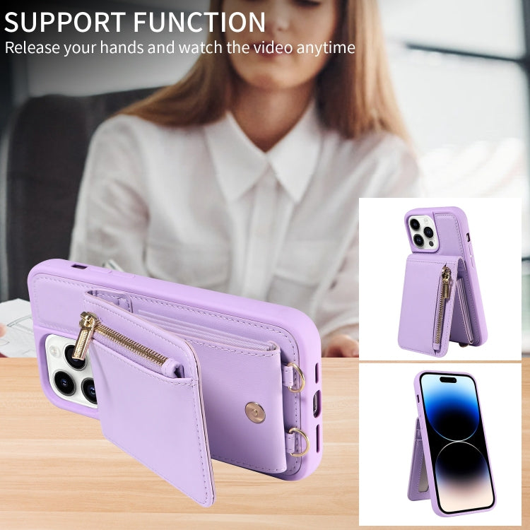For iPhone 14 Pro Crossbody Lanyard Zipper Wallet Leather Phone Case(Purple) - iPhone 14 Pro Cases by buy2fix | Online Shopping UK | buy2fix
