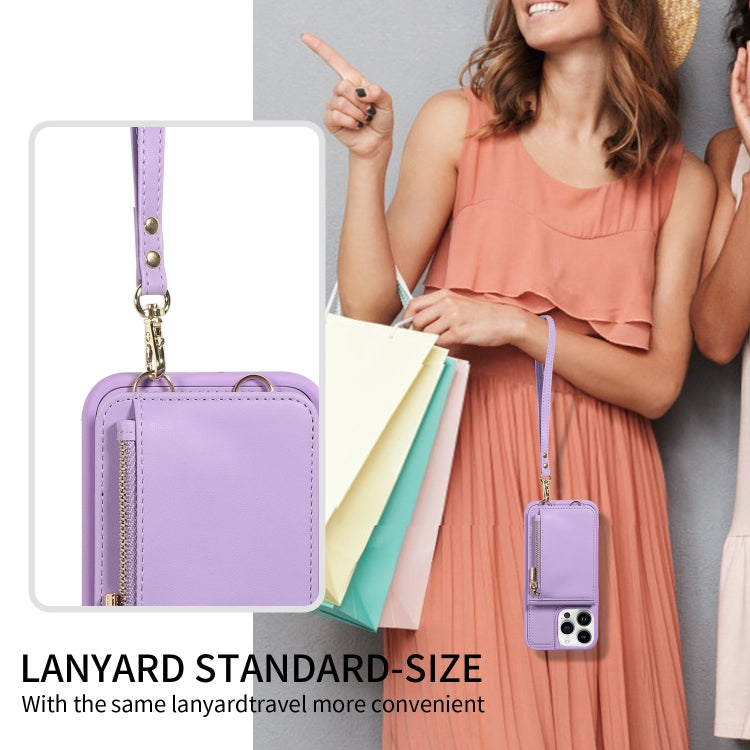 For iPhone 14 Pro Crossbody Lanyard Zipper Wallet Leather Phone Case(Purple) - iPhone 14 Pro Cases by buy2fix | Online Shopping UK | buy2fix