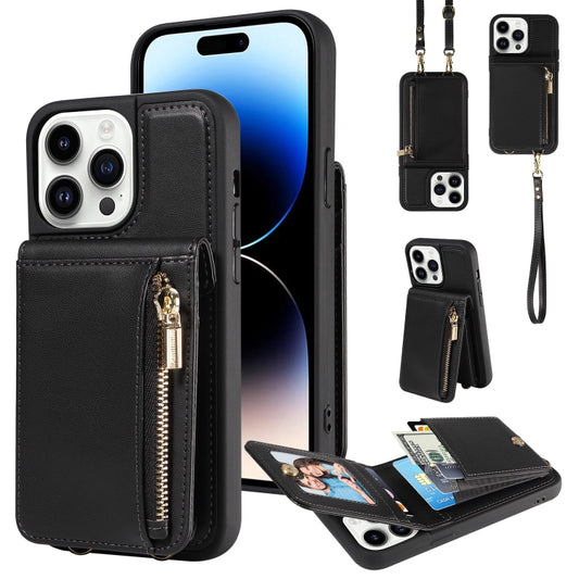 For iPhone 14 Pro Crossbody Lanyard Zipper Wallet Leather Phone Case(Black) - iPhone 14 Pro Cases by buy2fix | Online Shopping UK | buy2fix