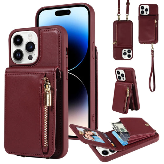 For iPhone 14 Pro Max Crossbody Lanyard Zipper Wallet Leather Phone Case(Wine Red) - iPhone 14 Pro Max Cases by buy2fix | Online Shopping UK | buy2fix