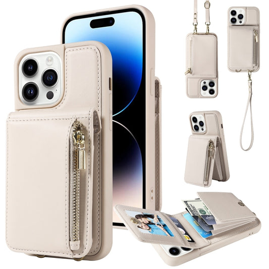 For iPhone 14 Pro Max Crossbody Lanyard Zipper Wallet Leather Phone Case(Beige) - iPhone 14 Pro Max Cases by buy2fix | Online Shopping UK | buy2fix