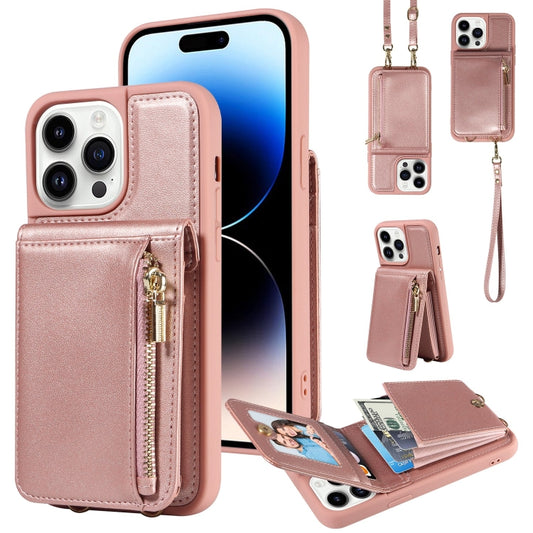 For iPhone 14 Pro Max Crossbody Lanyard Zipper Wallet Leather Phone Case(Rose Gold) - iPhone 14 Pro Max Cases by buy2fix | Online Shopping UK | buy2fix