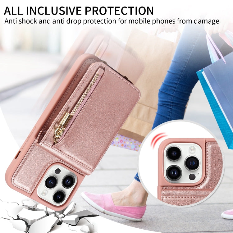For iPhone 14 Pro Max Crossbody Lanyard Zipper Wallet Leather Phone Case(Rose Gold) - iPhone 14 Pro Max Cases by buy2fix | Online Shopping UK | buy2fix