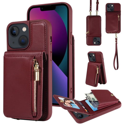 For iPhone 13 Crossbody Lanyard Zipper Wallet Leather Phone Case(Wine Red) - iPhone 13 Cases by buy2fix | Online Shopping UK | buy2fix