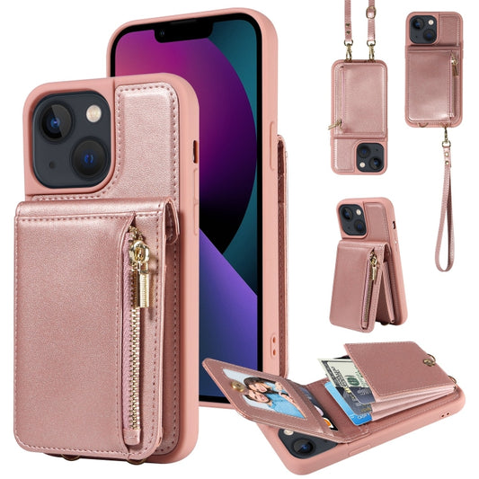 For iPhone 13 Crossbody Lanyard Zipper Wallet Leather Phone Case(Rose Gold) - iPhone 13 Cases by buy2fix | Online Shopping UK | buy2fix